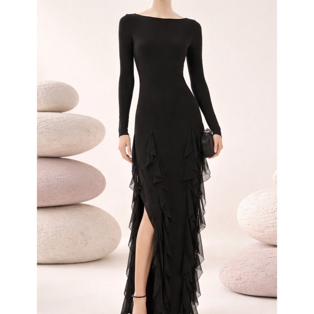 NBD Daphne Maxi Dress in Black - Size Small - Ruffle Trim Long Sleeve Gown